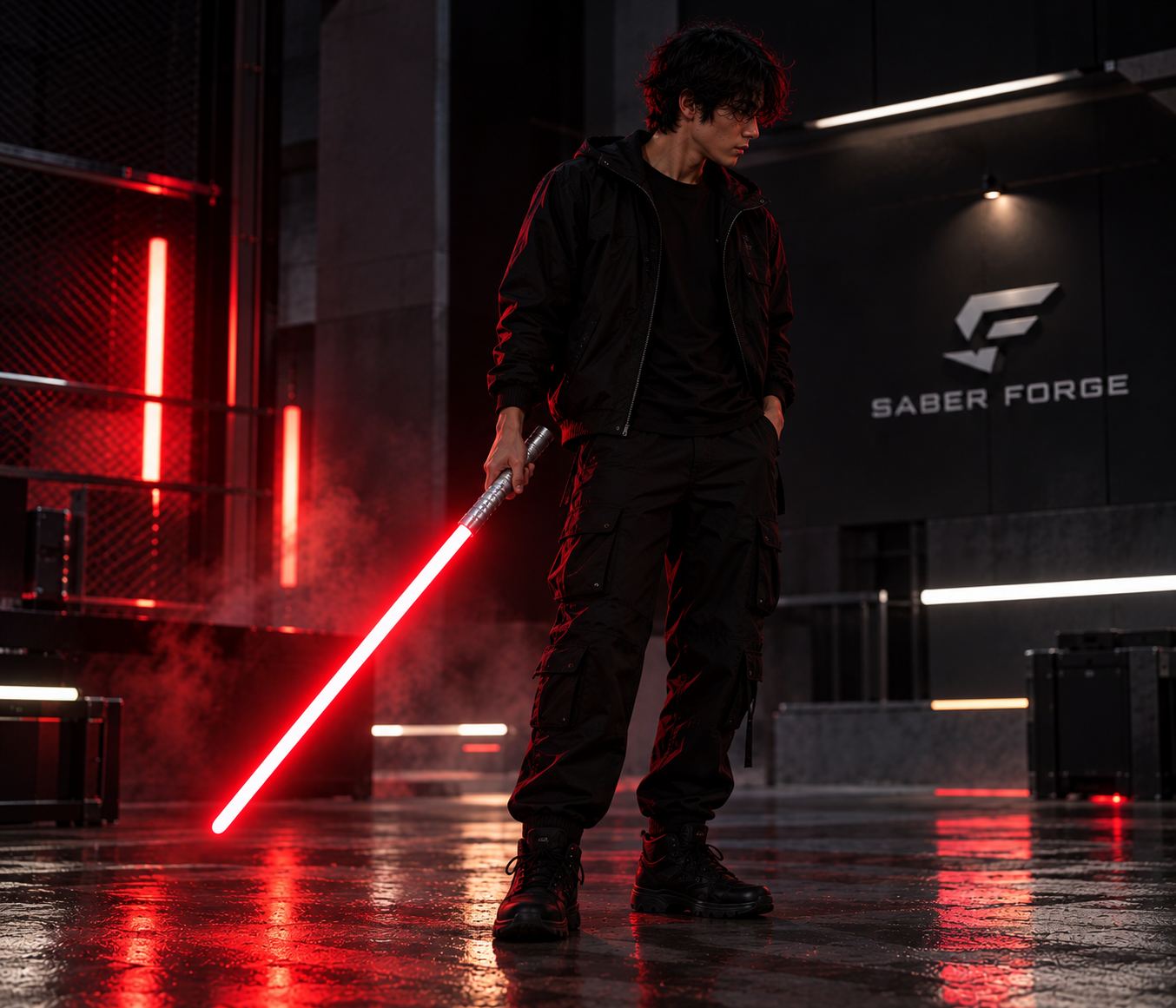 Duellist holding a silver-hilted saber with a red blade pointed at the floor