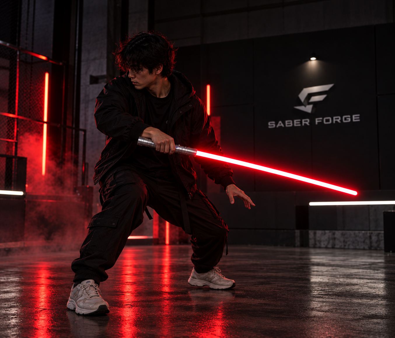 Duellist mid-swing with a red saber